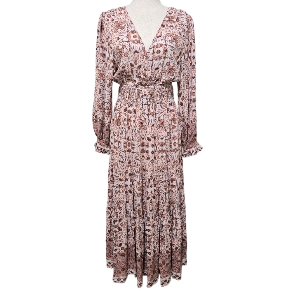 Maison Garrison Floral Boho Maxi Dress Smocked Waist Long Sleeve Tiered Small